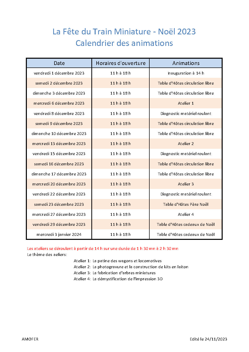 calendrier des animations