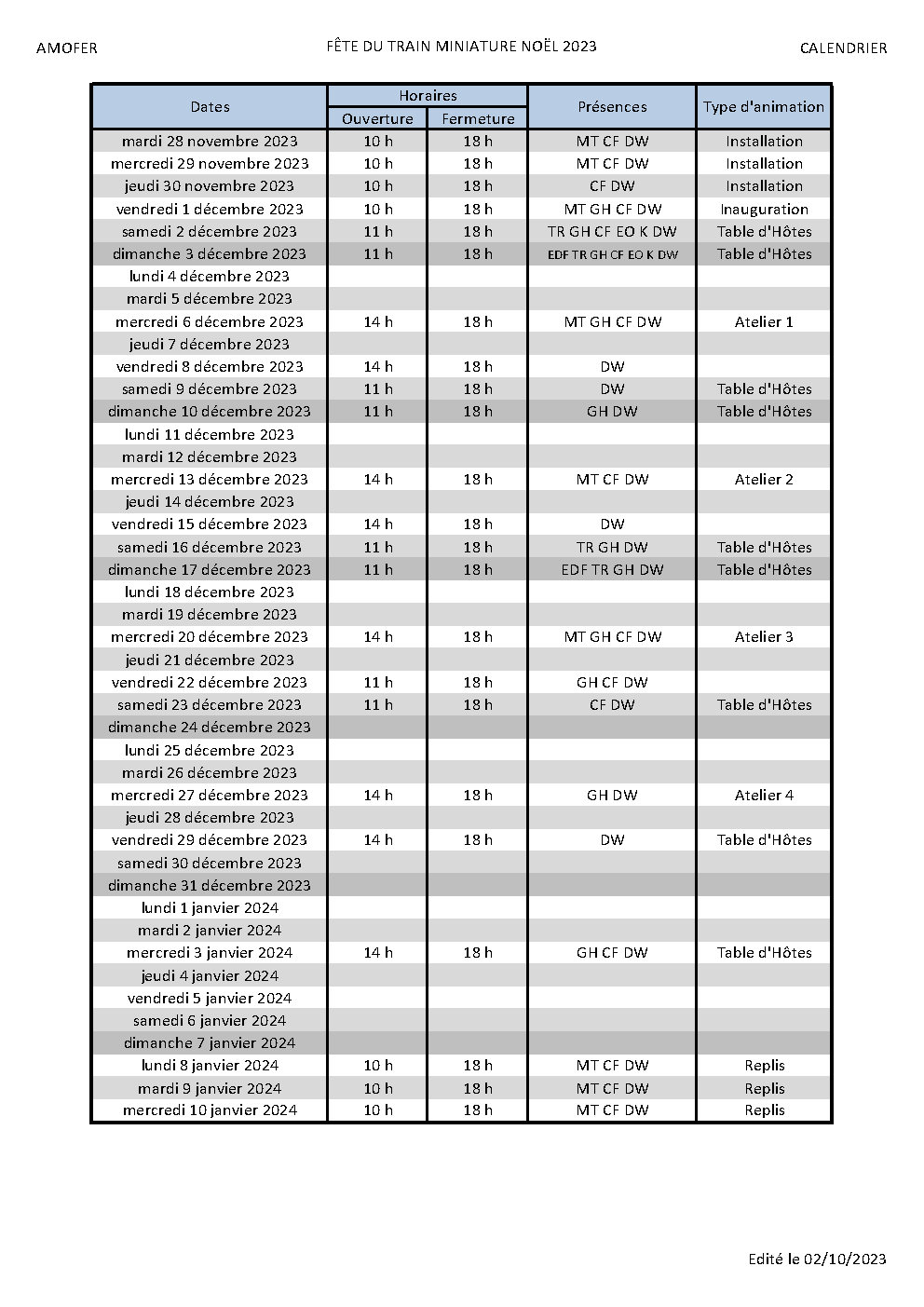calendrier fete du train miniature nol 2023